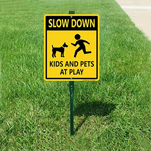 SmartSign "Slow Down - Kids And Pets At Play" LawnBoss® Sign | 10" x 12" Aluminum Sign With 3' Stake 10" x 12"