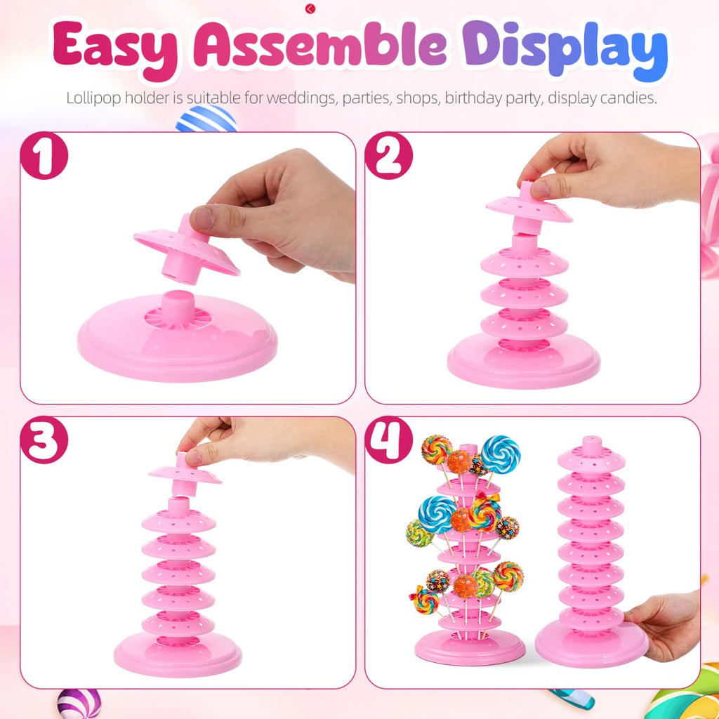 PRETYZOOM Pink Adjustable Multi-Tier Lollipop Stand Candy Display Rack for Parties Weddings Store Use 10.62X5.31X5.31 Inch Lollipop Holder for Kids and Events