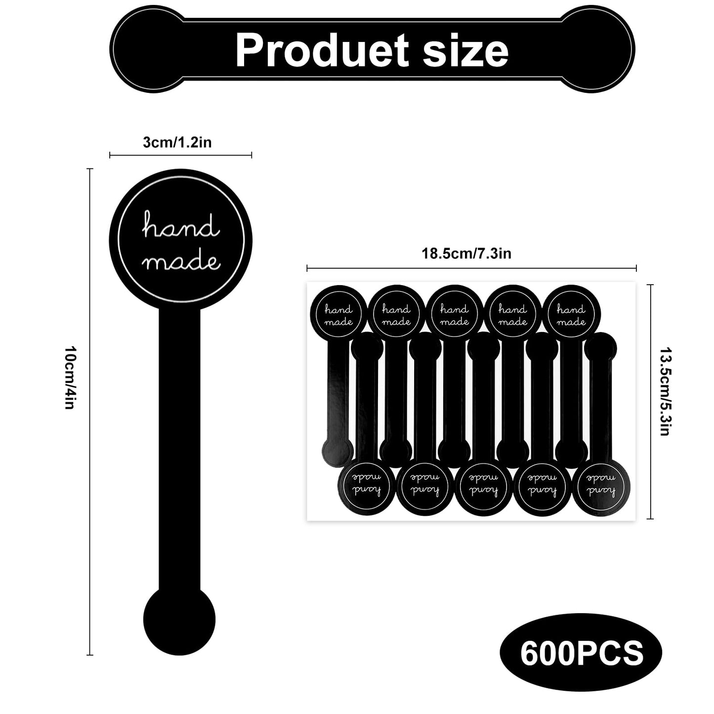 600Pcs Handmade Food Baking Seal Stickers Labels,Black Long Label Bakery Stickers,Self-Adhesive Goods Bakery Stickers Sealing Tamper-Proof Stickers for Pastry Bags Lollipops Candy Cake Black