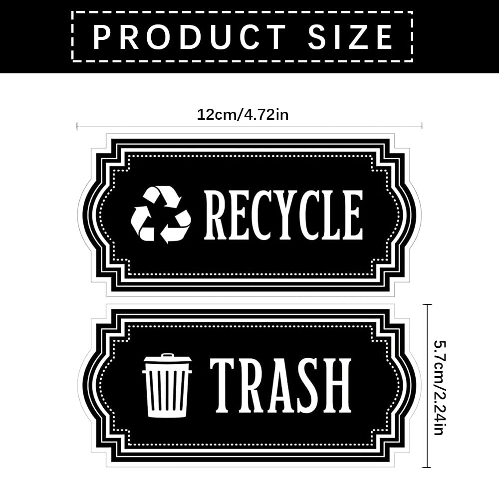 Set of four waterproof black vinyl recycle and trash decals showing logo symbols for trash cans, recycling bins, and garbage containers.