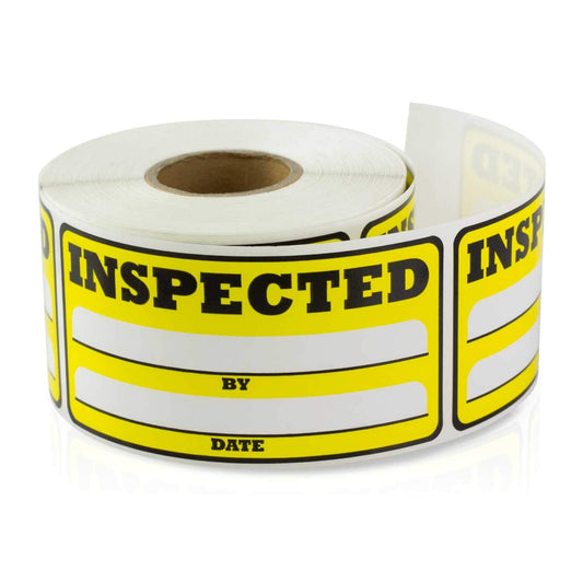 600 Inspected by Stickers - 1.5 x 3 Inch Inspection Stickers, Writable Space by & Date for Quality Control Inventory Labels Stickers Warehouse Organization Shipping, Yellow - 2 Rolls of 300 Labels