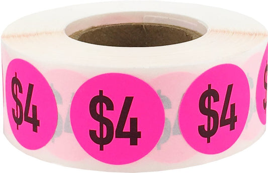 $4 Price Stickers Fluorescent Pink .75 Inch Round Circle Dots 500 Total Adhesive Stickers $4