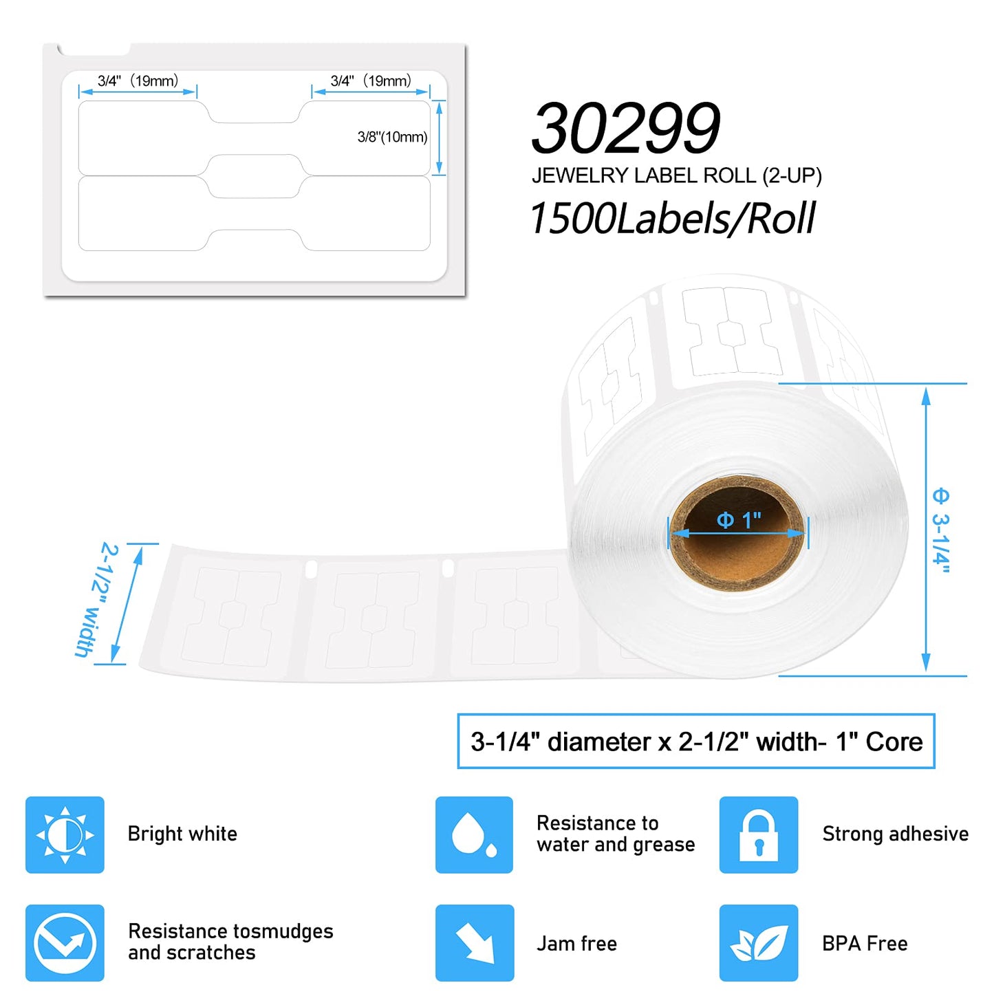 [2 Roll, 1500 Labels/Roll] Compatible for Dymo 30299 3/8" x 3/4" White Self-Adhesive Barbell Style Jewelry/Price Tag Labels for LabelWriter 300 310 450 Duo 4XL Printer [NOT FIT 550 & 5XL] 2