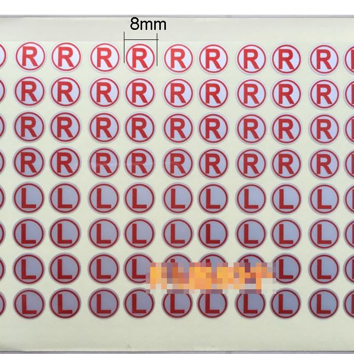 Lasenersm 5 Sheets 8mm L & R Stickers, Silver Background Red Word, PVC Material, Waterproof, Multi-Use, Earphone, Indoor, Red, Letter Print, Round, Polished, Single Use, Typographic