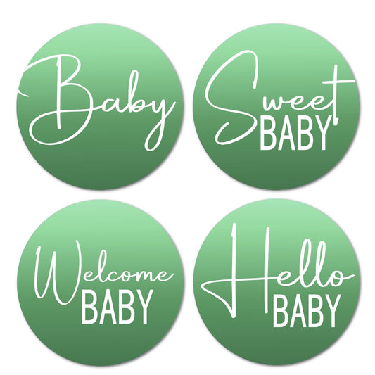 40 Green Modern Baby Shower Stickers, 2 Inch Big Round Glossy Labels, Gender Neutral Baby Shower, Great for Party Favors, Tags, Games and Supplies. Made in USA