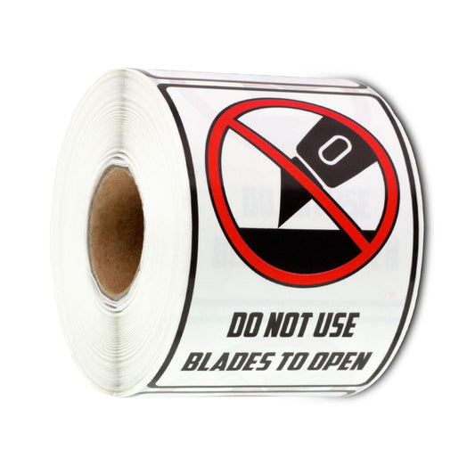 Do Not Use Blades to Open Labels (2 x 3 inch, Rectangular - 300 Labels) Bold Texts & Pictogram - International Instruction Warning Stickers - Semi-Gloss Coated, Strong Adhesive 1 Roll