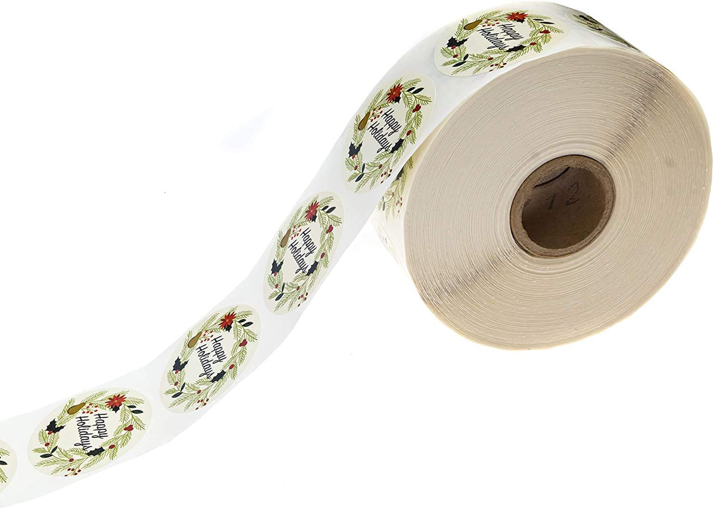 Ivory Holiday Floral Happy Holidays Stickers / 1000 White Wreath Christmas Labels Roll / 1.5" Round Envelope Seals/Made in The USA Ivory