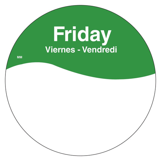 DayMark Safety Systems MoveMark IT110108 Day of The Week Trilingual Removable Label, Friday, 3" Circle, Green, Roll of 500 3 inches