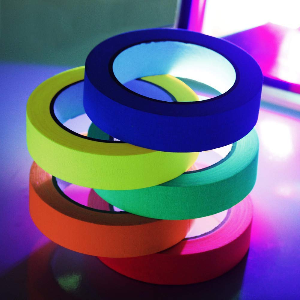 Xindejia UV Blacklight Reactive Fluorescent Cloth Tape Glow in The Dark Neon Gaffer Tape Birthday Christmas Party Supplies.Each roll is 0.6 inch x 16.5 ft (6-Pack)