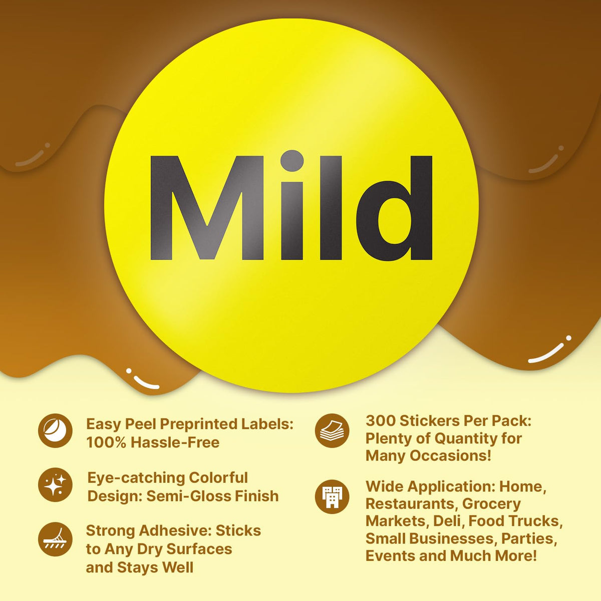 TucoDeals | Mild Labels Stickers - 1.5" Round Food Meal Choice Label Stickers for Restaurant Deli Grocery Store Food Packaging Food Truck, Strong Adhesive & Easy Peel (Yellow, 300 Labels on Sheet)