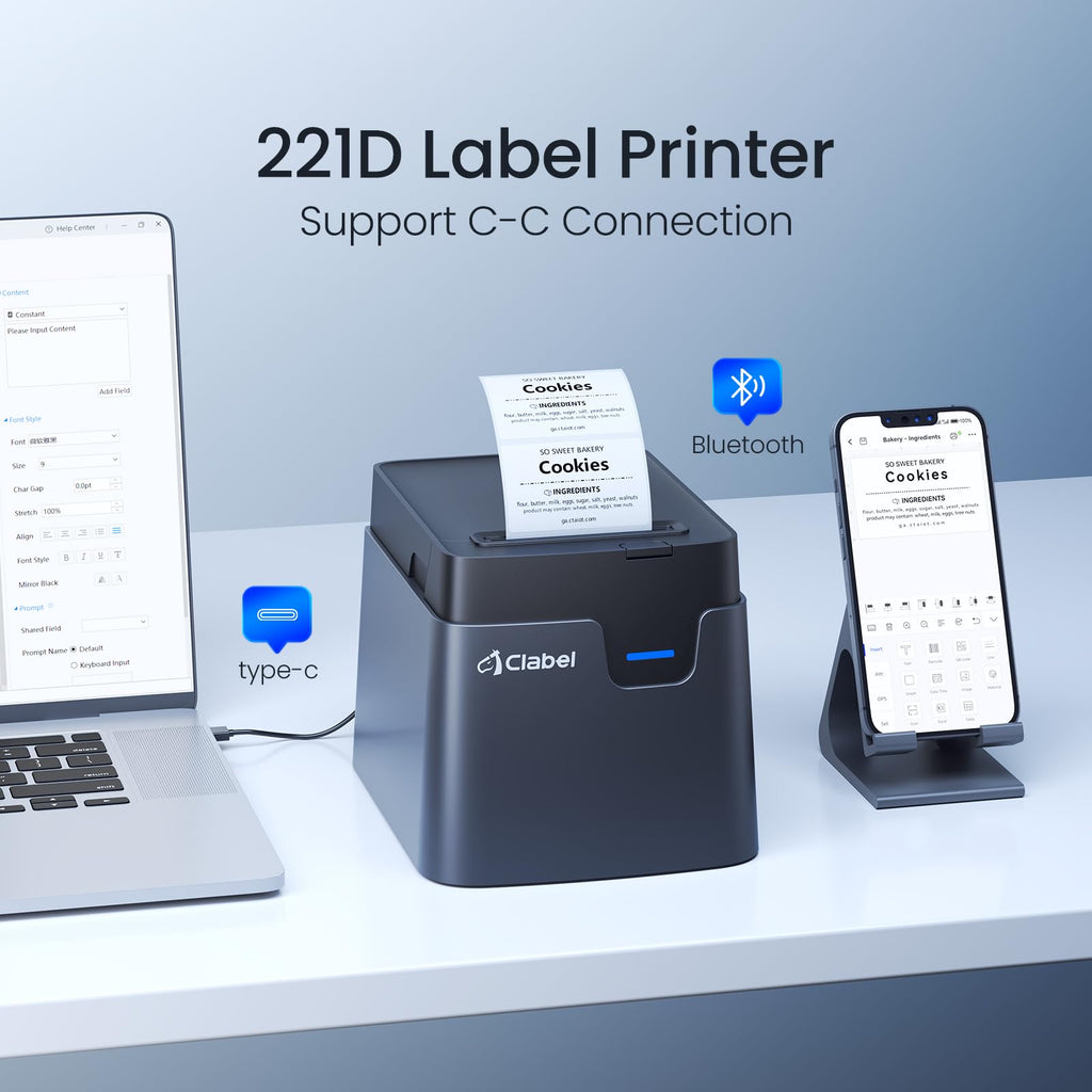 CLABEL 221D 2" Bluetooth Barcode Label Printer for Small Business Gray 2 Inch
