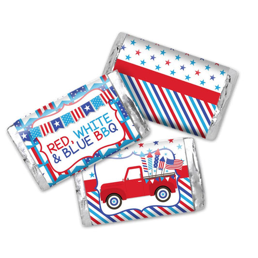 Red, White & Blue BBQ Party Mini Chocolate Candy Bar Sticker Wrappers, 45 1.4" x 2.6" Wrap Around Labels by Amanda Creation, Great for Party Favors