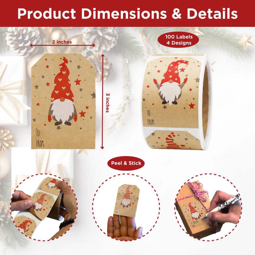 It’s A Gnome Christmas Gift Tag Stickers – 2 x 3 Inch Holiday Labels with Whimsical Gnome Designs – 100 Brown Kraft Adhesive Tags, Eco-Friendly, Made in USA