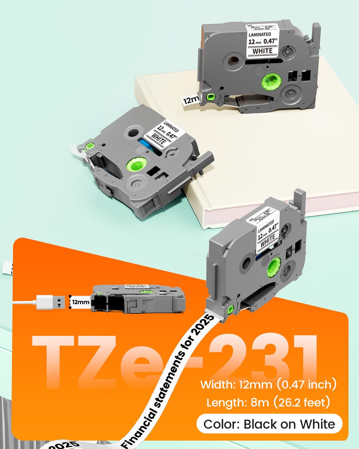 Replacement for Brother P Touch Label TZe TZ Tape 12mm 0.47 Laminated White Black on White 4