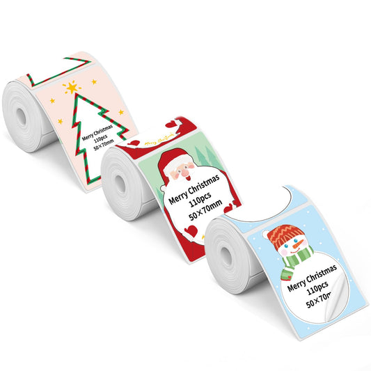 Phomemo Paper with Festival Santa Claus, Festival Tree, Cute Snowman, 1.96"*2.75"(50x70mm), Self Adhesive Festival Thermal Sticker Labels for Phomemo M110/M220/M221/M120/M200 Label Printer,3Roll