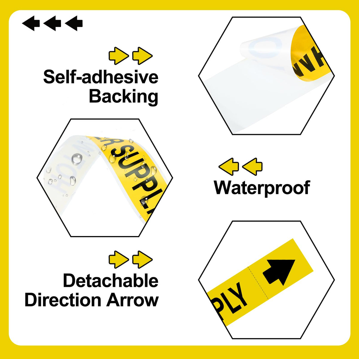 Fuyoooo 1 Roll Hot Water Supply Pipe Markers 1" Height x 8" Width Black on Yellow Hot Water Supply Pipe Self Adhesive Labels with Arrow Plastic Film Markers Stickers