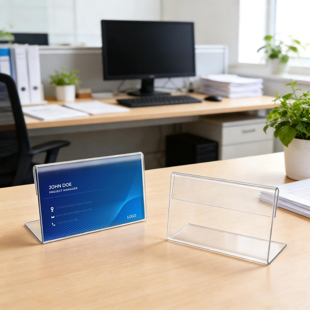 30 Pack Mini Clear Sign Display Holder with Blank Labels,3.5*2.4 Inch Horizontal Slanted L-Shape Plastic Name Card Price Card Tag Label Counter Top Stand