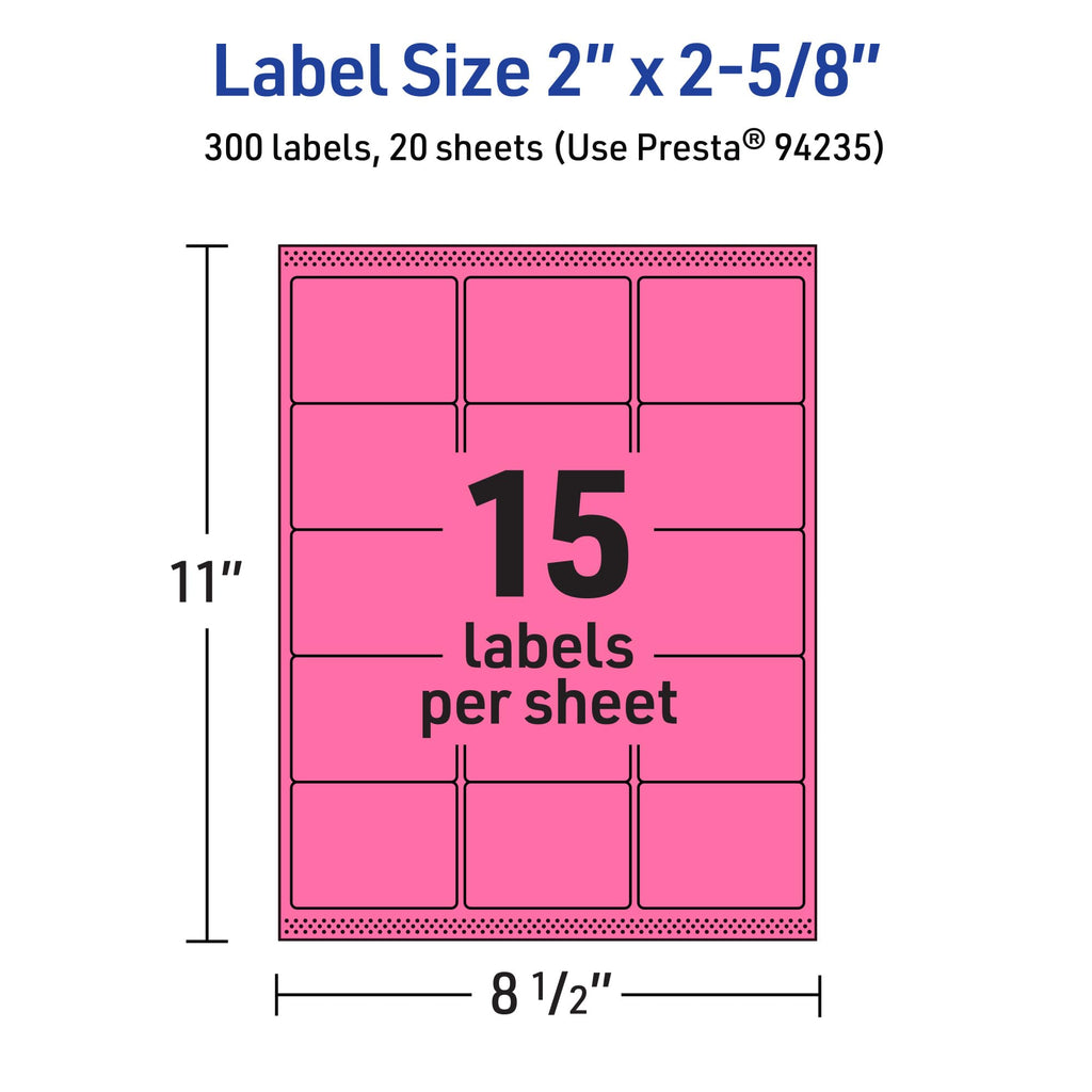Avery Printable Rectangle Labels, Sure Feed Technology, 2" x 2-5/8", Bright Pink Labels, Laser/Inkjet Printable, 300 Total, Great for Mailing 300 labels
