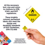 ChromaLabel 1-inch square D.O.T. hazard label for oxidizers, durable and permanent, shown on a roll of industrial safety labels.