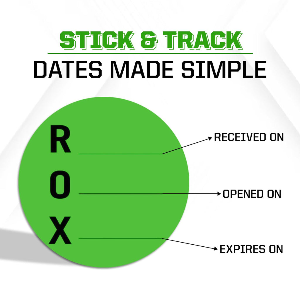 ROX Received Opened Expires Labels - 1.5 Inch Round Inventory Stickers, 1000 Labels Per Roll for Containers, Bottles,Jars, Canning & Storage
