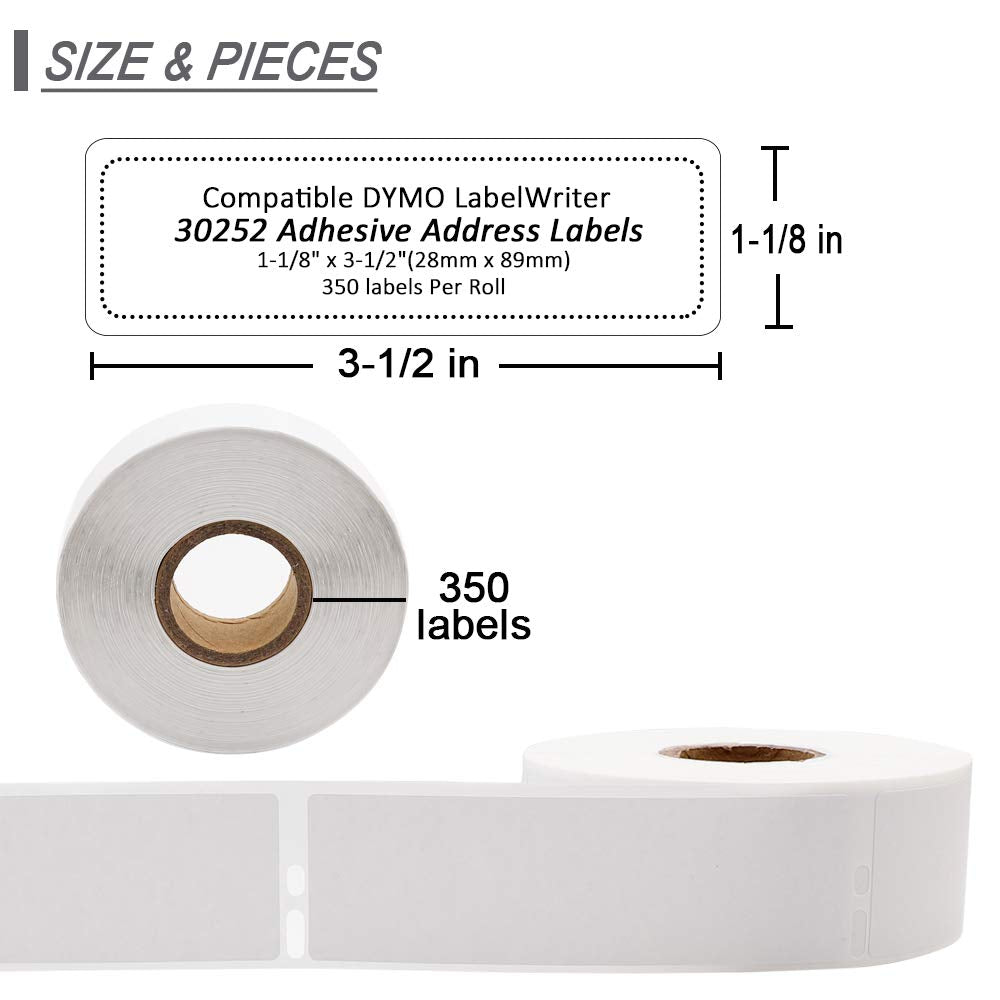 Label KINGDOM 30252 Label Replace for Dymo 30252 Label Writer 450 Labels, 1 1/8" x 3 1/2" Adhesive White Paper Address Labels for 450 Turbo, 4XL Printer (350 Labels Per Roll, 1 Roll) 30252 [1-1/8" x 3-1/2"]