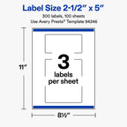 Avery® Matte White Rectangle Labels, 2.5" x 5", 300 Total 2.5" x 5" 300 Count