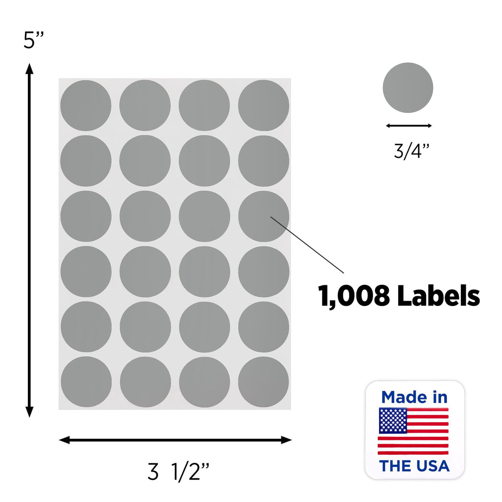 Gray ChromaLabel 0.75-inch round removable color-code dot stickers, 24 per sheet, 1008 total for labeling and organization.