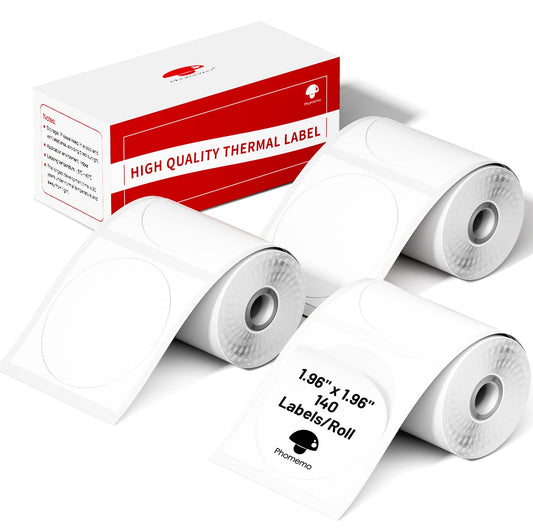 Phomemo Labels- 3 Rolls M110/M100/M220/M221/M150/M250/M108 Round Circle Thermal Paper 1.96" x 1.96"（50x50 mm, Thermal Sticker Round Label for Small Business White 1.96" x 1.96"