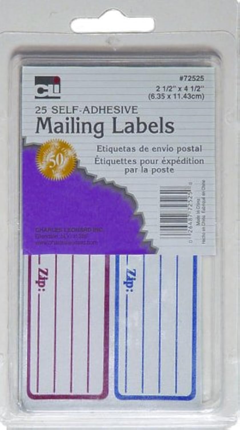 Charles Leonard Mailing Labels, Self-Adhesive, 2.5 x 4.5 Inches, Red and Blue, 25/Box (72525) 2.5 x 4.5 inch
