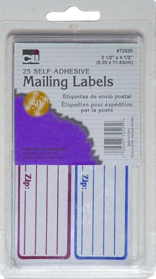 Charles Leonard Mailing Labels, Self-Adhesive, 2.5 x 4.5 Inches, Red and Blue, 25/Box (72525) 2.5 x 4.5 inch