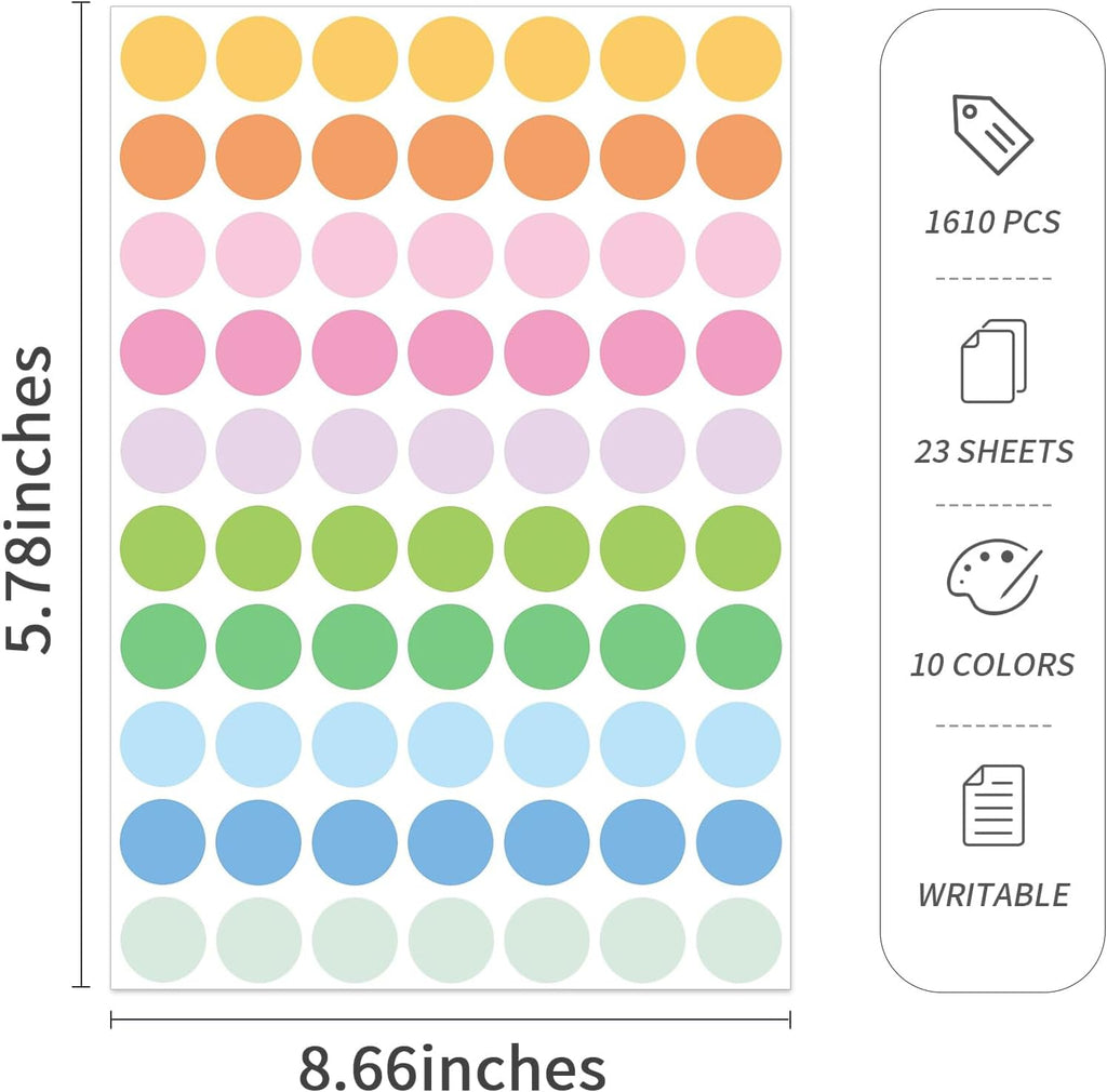 1610 PCS Colored Dot Stickers 3/4" Round Circle Color Coding Labels Macaron