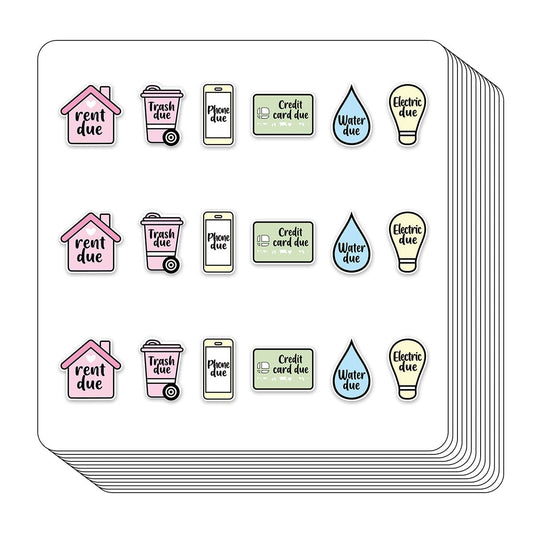 Rent Bills Due Reminder Planner Stickers, Credit Card Water Trash Electric Due Labels 234-Pack