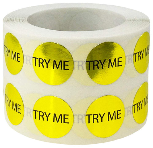 Gold Try Me Stickers, 1/2 Inch Round, 1000 Labels on a Roll