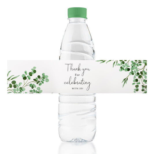 Wedding Water Bottle Labels Thank You, 100Pcs Greenery Water Bottle Wraps Eucalyptus Leaf Wraparound Labels Water Bottle Stickers for Birthday Bride Shower Green