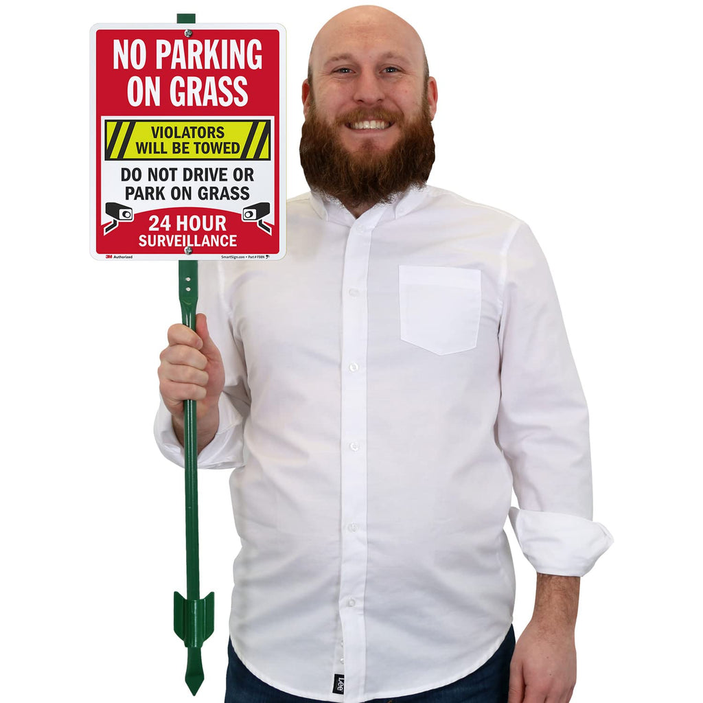 SmartSign 12" x 10" 'No Parking On Grass Violators Towed, Do Not Drive On Grass' Yard Sign with 3 ft Stake, 40 mil Aluminum 3M Laminated Engineer Grade Reflective, Multicolor Reflective Aluminum Sign with 3' Stake