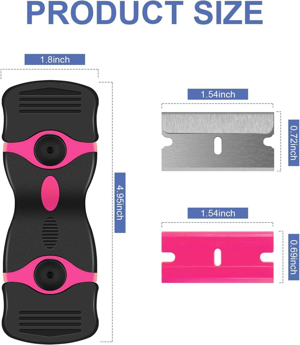 Pink DEKEones razor blade scraper with double-edged blades for glass, decals, paint, and adhesive removal, shown with multiple blades.