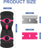 Pink DEKEones razor blade scraper with double-edged blades for glass, decals, paint, and adhesive removal, shown with multiple blades.