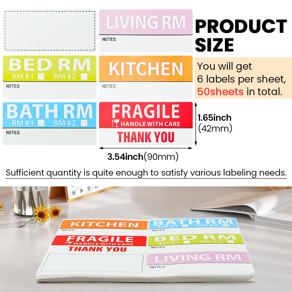 300 Count Home Moving Labels, 50 Sheets 6 Color Coded Moving Labels with Fragile Stickers, Waterproof Moving Stickers Color Coded Packing Labels for Moving Boxes, Moving Supplies 1.65x3.54inch