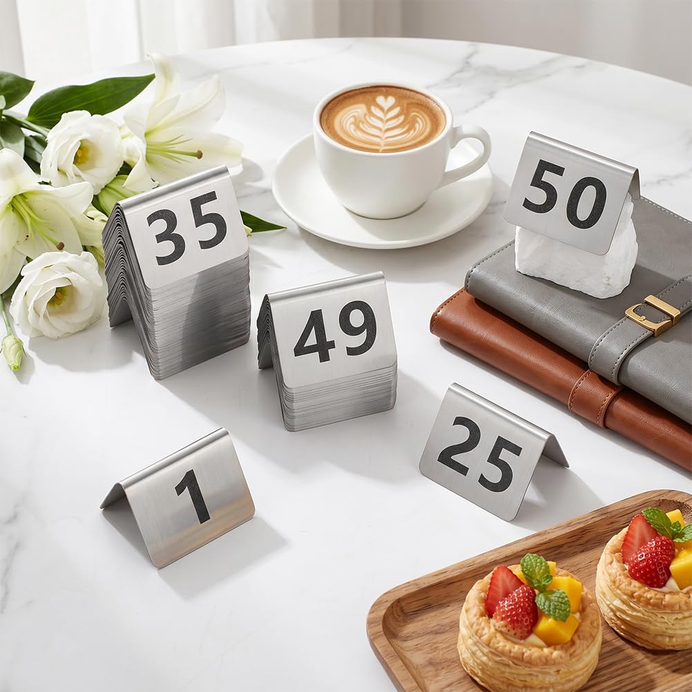 FINGERINSPIRE 50 Pcs Stainless Steel Table Order Numbers 1-50 1.97x1.65x1.34 inch Arched Shape Number Holders Restaurant Metal Table Number Signs for Cafe Dining and Banquet Events