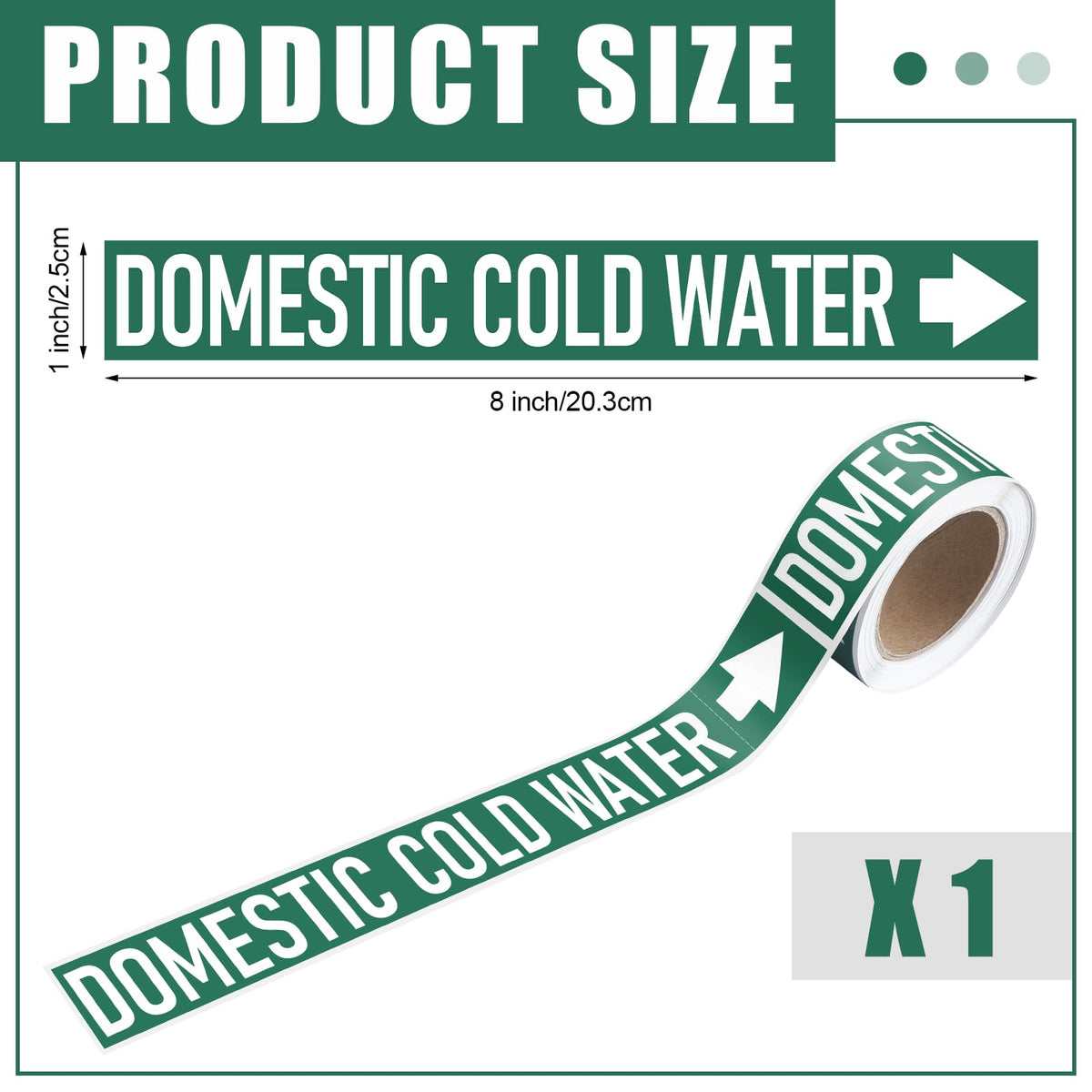 Domestic Cold Water Pipe Markers 1" Height x 8" Width Safety White on Green Pipe Self Labels with Arrow Plastic Film Markers Stickers for Industrial Safety Marking Supplies
