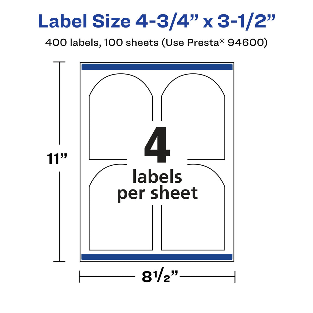 Avery Matte White Removable Arched Labels, Sure Feed Technology, Print-to-The-Edge, 4.75" x 3.5", 400 Removable Labels, Laser/Inkjet Printable 400 labels