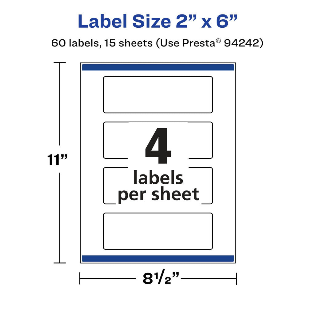 Avery® Matte White Removable Rectangle Labels, Sure Feed® Technology, Print-to-The-Edge, 2" x 6", 60 Removable Labels, Laser/Inkjet Printable 60 labels