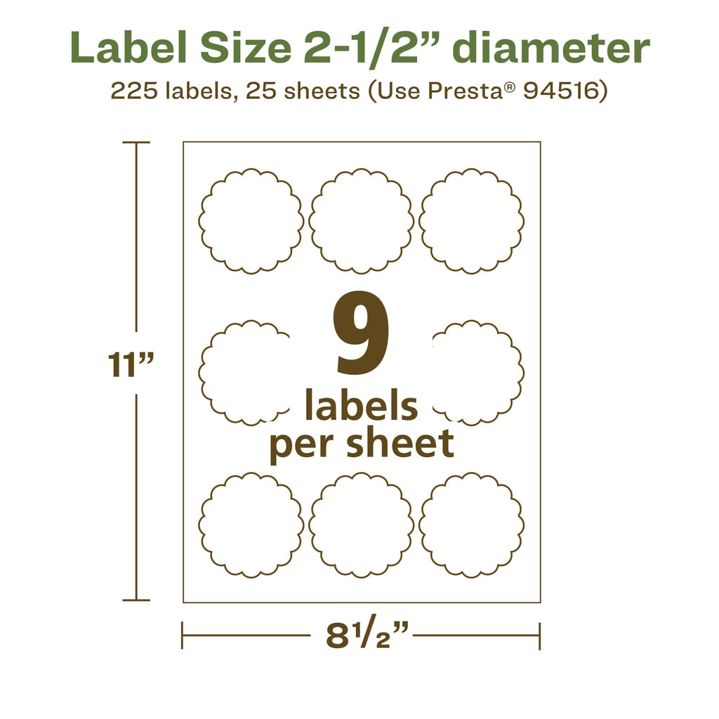 Avery EcoFriendly Matte White Recycled Round Scalloped Labels, 2.5" Diameter, Print-to-The-Edge, Matte White Labels, Permanent Adhesive, Laser/Inkjet Printable, 225 Total 225 labels