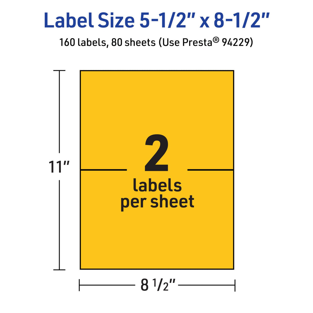 Avery® Printable Rectangle Labels, 5-1/2" x 8-1/2", Bright Yellow Labels, Laser/Inkjet Printable, 160 Total, Great for Shipping and Packaging 160 labels