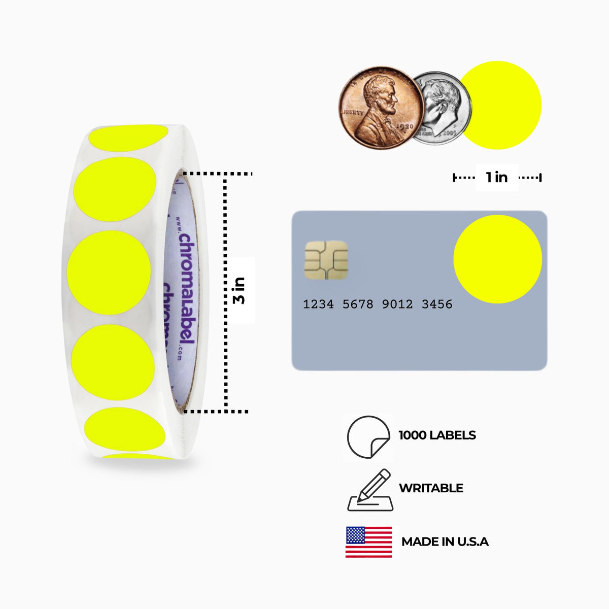 ChromaLabel Fluorescent Yellow Dot Stickers, 1 Inch, 1000/Roll 1"