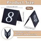 OLYCRAFT 50pcs Tent Style Acrylic Table Numbers Signs 1-50 Double Sided Black Table Numbers Signs Acrylic Tent Table Numbers Stands Signs 2.1x2.5x1.9 Inch for Wedding Party Banquets Receptions