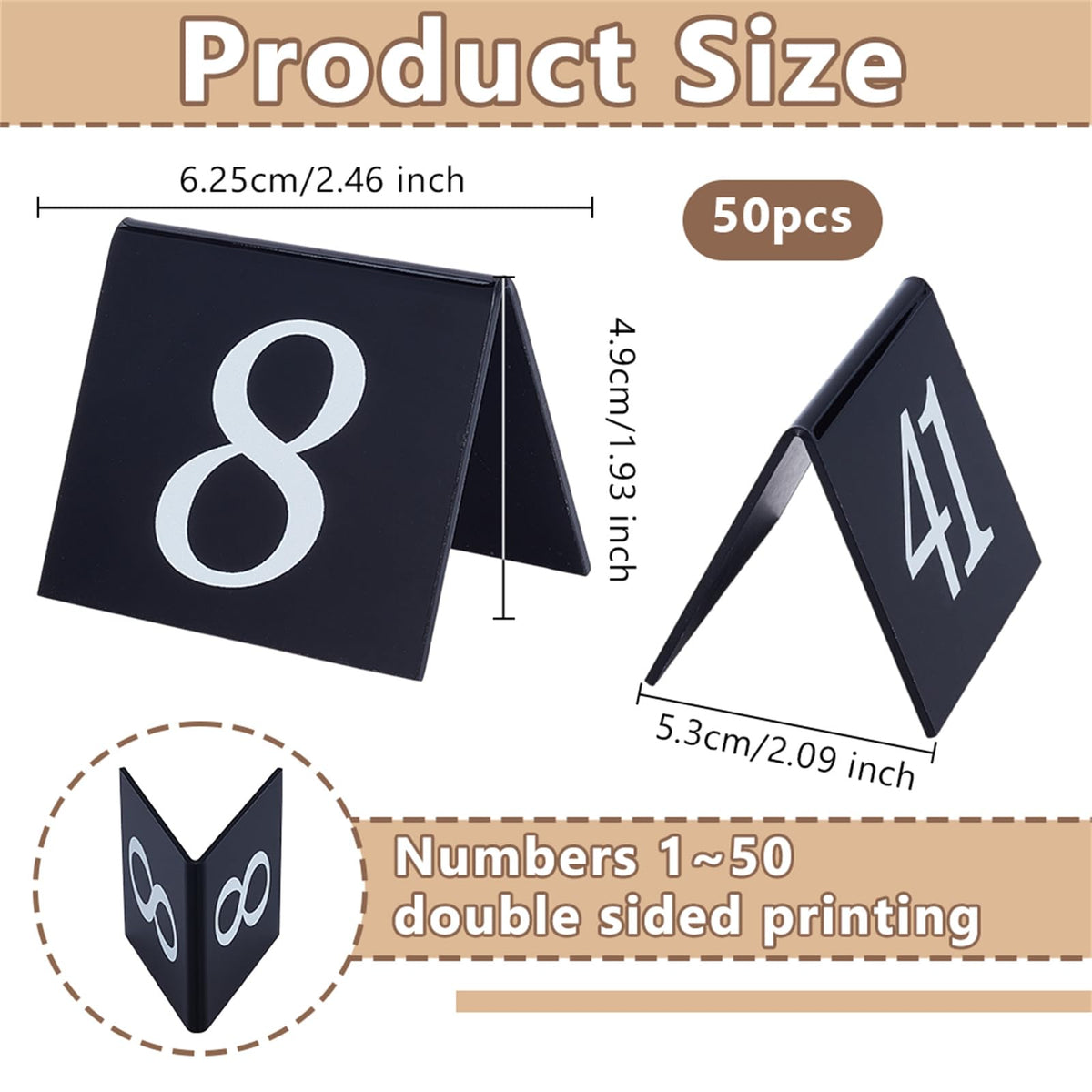 OLYCRAFT 50pcs Tent Style Acrylic Table Numbers Signs 1-50 Double Sided Black Table Numbers Signs Acrylic Tent Table Numbers Stands Signs 2.1x2.5x1.9 Inch for Wedding Party Banquets Receptions