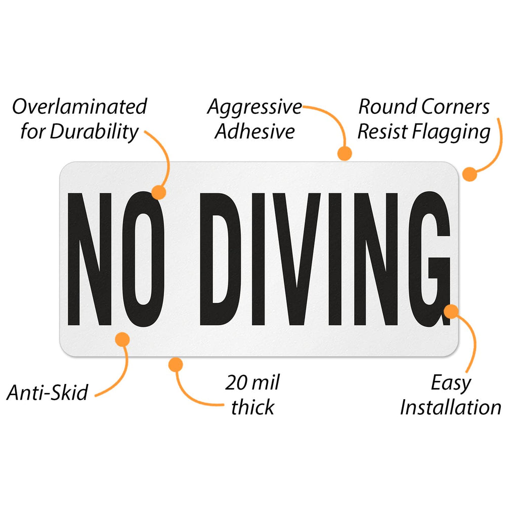 SmartSign 5.75 x 11.75 inch “No Diving” Adhesive Pool Safety Marker/Sign, 20 mil Laminated Vinyl with Anti-Skid Pebbled Surface, Black and White 575 x 1175 inch