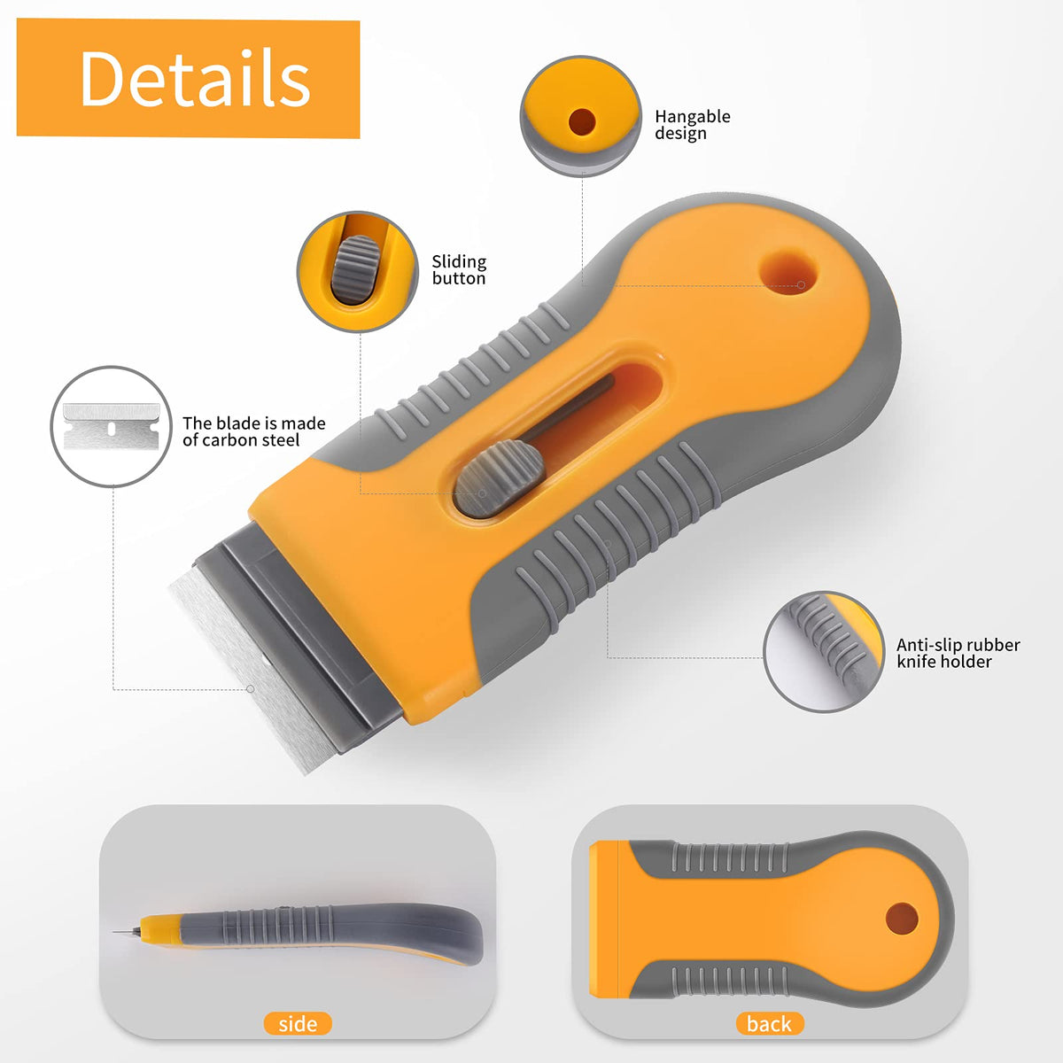 DEKEones Razor Blade Scraper with retractable handle and 20 extra blades, ideal for glass, metal, vinyl, and windshield sticker removal.