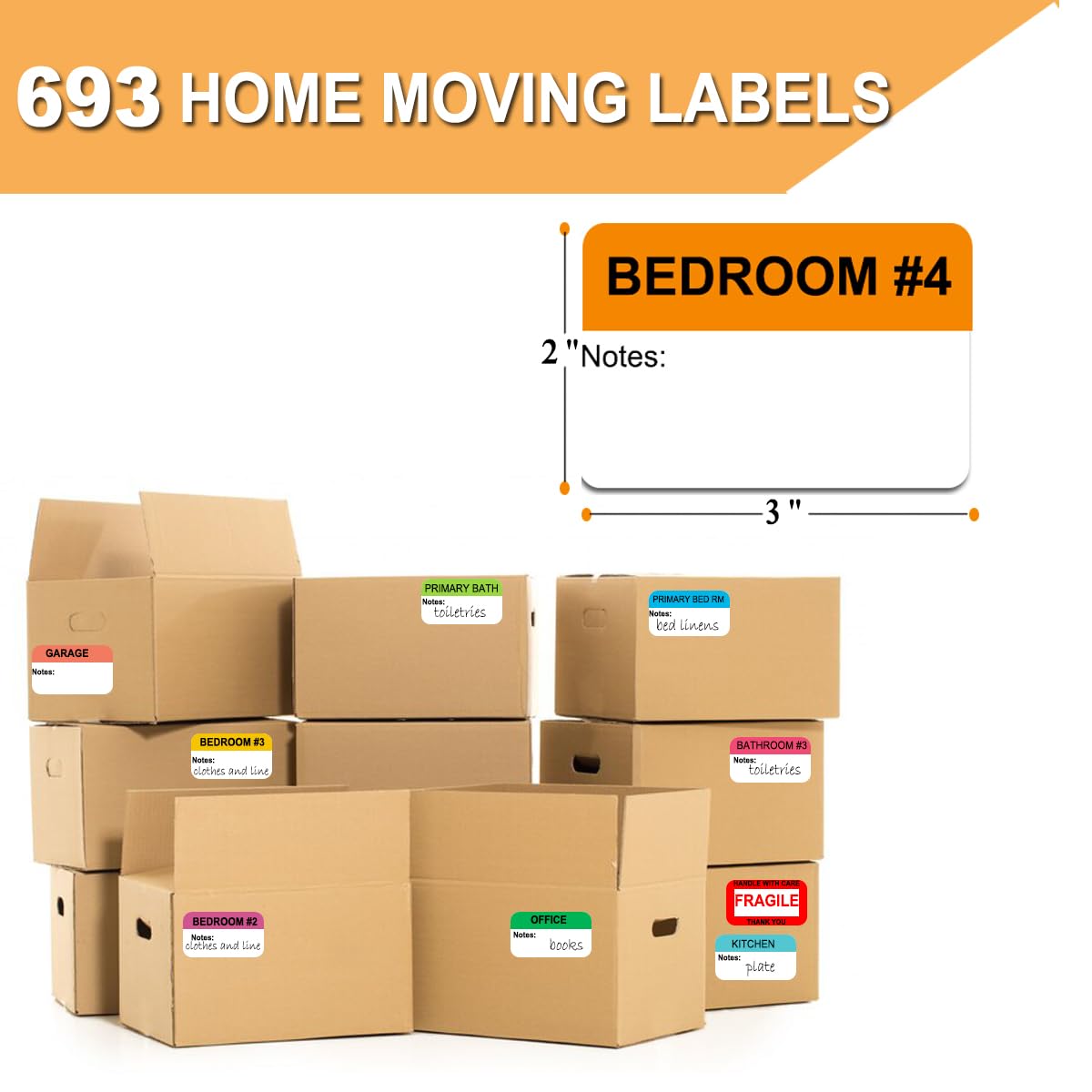 693 Count 2" x 3" Moving Labels for Packing Boxes, 17 Designs Including Fragile, Heavy, and Blank Packing Stickers -Color-Coded Moving Stickers for Home and Office Moving with Writable Notes Areas 2" x 3" | 693 pcs